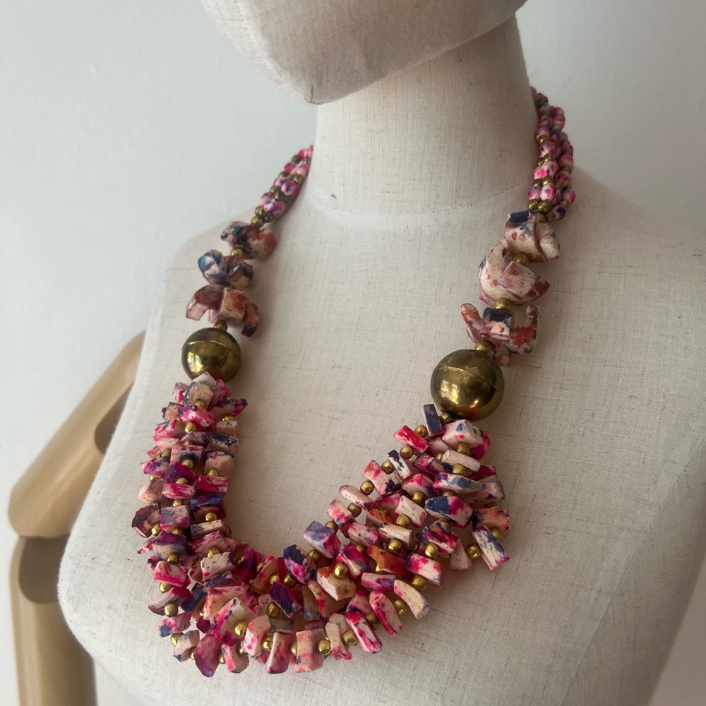90’s Vintage SHELL STATEMENT Pink and Gold Beaded Multi-Strand Chunky Necklace